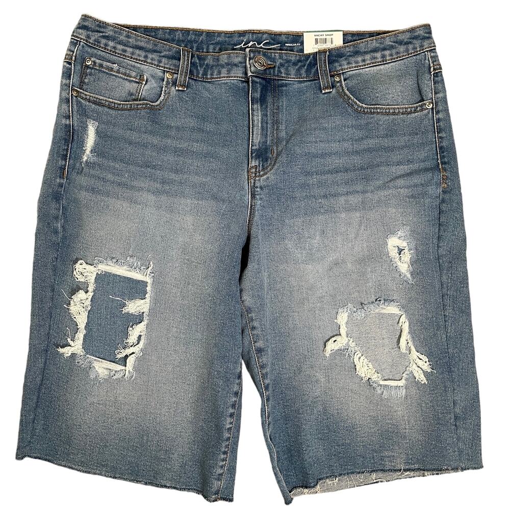 INC Women's Denim Jean Bermuda Mid Rise Shorts Distressed Lt Indigo Size 16 $65